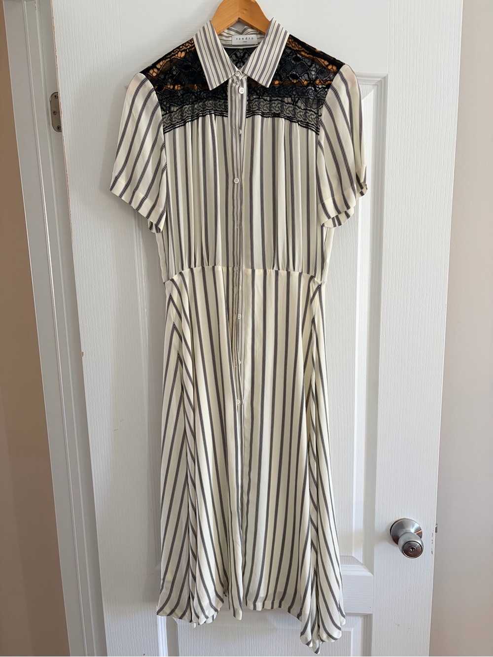 Sandro Cream and Black Striped Midi Dress with Lace Yoke
